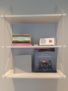 Uma estante com livros e uma caixa. em K39 em Laholm