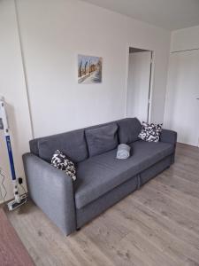 um sofá cinzento numa sala de estar em Joli T2 avec piscine aux portes de Honfleur em Équemauville
