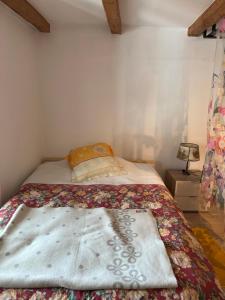 un letto con una coperta in una camera da letto di Chambres papillon a La Neuveville
