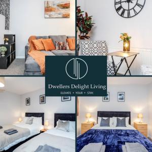 a collage of photos of a bedroom with two beds and a clock at Dwellers Delight Living Ltd Serviced Accommodation Fabulous House 3 Bedroom, Hainault Prime Location ,Greater London with Parking & Wifi, 2 bathroom, Garden in Chigwell