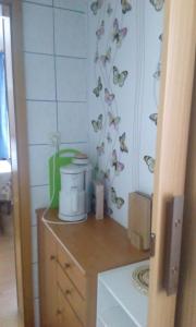 una pequeña cocina con mariposas en la pared en Apartment Rumrich, en Kurort Altenberg