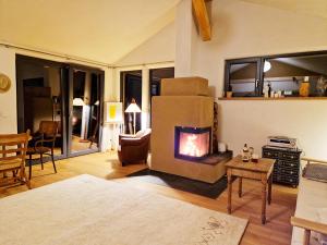 a living room with a fireplace in the middle at Holzhaus mit Kamin - Am Forellenfluss 