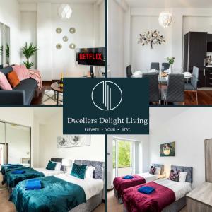 a collage of photos of a bedroom with beds at Dagenham - Dwellers Delight Living Ltd Services Accommodation - Greater London , 2 Bed Apartment with free WiFi & secure parking in Dagenham