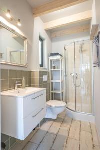 uma casa de banho com um chuveiro, um lavatório e um WC. em Wrzosowe Wzgórze - Domek wiejski em Kłaczno