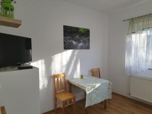 een kamer met een tafel en twee stoelen en een televisie bij Jaskółka in Lądek-Zdrój