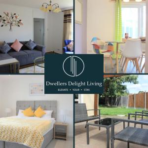 a collage of photos of a bedroom and a living room at Dwellers Delight Living Ltd Serviced Accommodation, Chigwell, London 3 bedroom House, Upto 7 Guests, Free Wifi & Parking in London