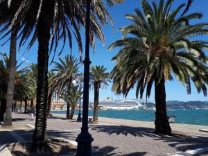 een strand met palmbomen en een cruiseschip bij Comoda posizione, per 5-TERRE, PortoVenere, Lerici in La Spezia
