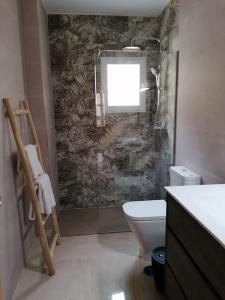 a bathroom with a shower and a toilet and a window at Atico Duque Gran Terraza Parking Free in Cartagena +9 photos