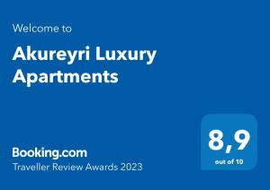Palkinto, sertifikaatti, kyltti tai muu asiakirja, joka on esillä majoituspaikassa Akureyri Luxury Apartments