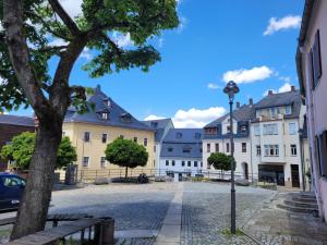 een straat in een stad met gebouwen bij Ferienwohnung Frauenmarkt in Schneeberg