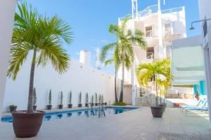 a courtyard with palm trees and a swimming pool at Terracaribe Hotel Boutique in Canc&uacute;n