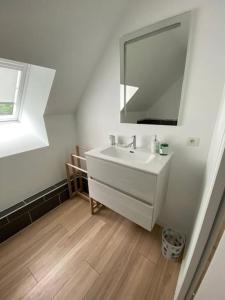 ein weißes Badezimmer mit einem Waschbecken und einem Spiegel in der Unterkunft sejour paisible au coeur du morbihan in Pluvigner