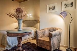 um quarto com uma mesa, uma cadeira e uma cama em Chalet Sapin Hotel em Palaios Agios Athanasios