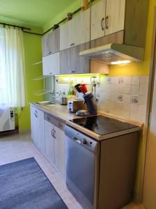 a kitchen with a sink and a stove top oven at Jázmin Apartman in Szeged