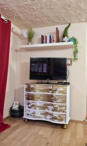 a living room with a television on a dresser at Ferienwohnung im Garten Eden in Grünberg