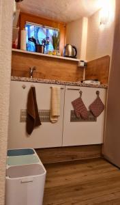 uma cozinha com um lavatório e um balcão com toalhas em Ferienwohnung im Garten Eden em Grünberg