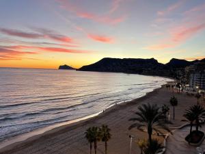 a beach with palm trees and the ocean at sunset at Calpe Mar y Playa in Calpe