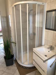 a bathroom with a shower and a sink at Apartmány Galeta in Karlovy Vary