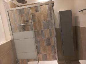 y baño con ducha y puerta de cristal. en Lux - Studio-Appartment, en Merano
