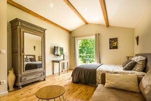 a bedroom with a bed and a large mirror at La Garde Pile de Fichou in Bajamont