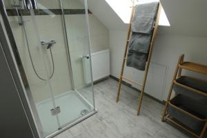 a shower with a glass door in a bathroom at Holiday in Schwandorf in Bayern +32 photos