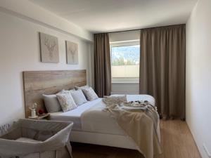 a bedroom with a large bed and a window at KLINOVEC APARTMENTS LUXURY in Loučná pod Klínovcem