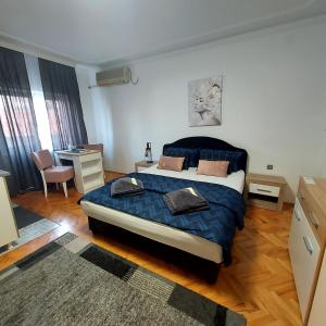 a bedroom with a bed and a desk in it at Smestaj Bane in Novi Sad