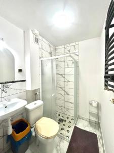 W łazience znajduje się prysznic, toaleta i umywalka. w obiekcie Willa Victoria w Szklarskiej Porębie