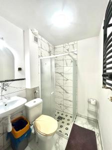a bathroom with a shower and a toilet and a sink at Willa Victoria in Szklarska Poręba