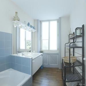 a blue bathroom with a sink and a shelf at Château Robert in Raon-lʼÉtape