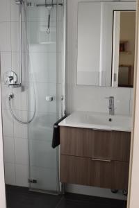 a bathroom with a sink and a shower at Ferienwohnung Eule in Parcines