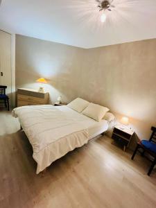 una camera con un grande letto e un ventilatore a soffitto di Appartement 2 pièces à Cabourg a Cabourg