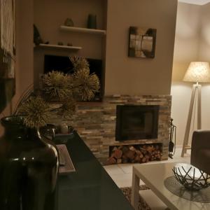 a living room with a fireplace and a table at Gite Joël et Nathalie in Urschenheim