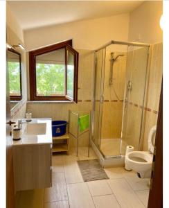 La salle de bains est pourvue d'une douche, d'un lavabo et de toilettes. dans l'établissement TORTORETO LIDO - Vista Mare-appartamento a mt100 dal mare, à Tortoreto Lido