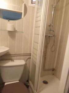 a small bathroom with a toilet and a shower at Nid douillet in Vals-les-Bains +17 photos