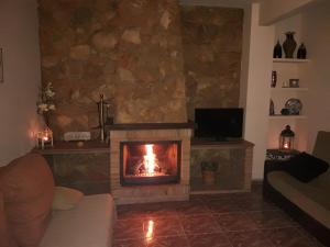 アルカラ・デル・フカルにあるLA CAÑADAの石壁のリビングルームに暖炉