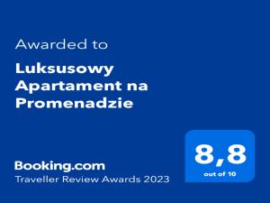 Certifikát, ocenenie alebo iný dokument vystavený v ubytovaní Luksusowy Apartament na Promenadzie