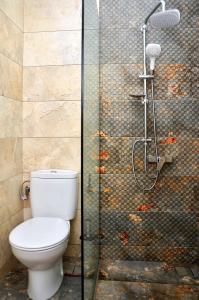 La salle de bains est pourvue d'une douche et de toilettes. dans l'établissement Louros rooms, à Koufonisia