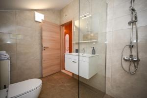 a bathroom with a toilet and a sink and a shower at Beach House Poseydon in Mlini
