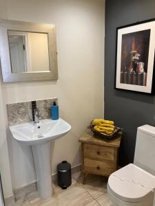 a bathroom with a sink and a toilet and a mirror at THE PROMENADE SUITE - 2 min walk to the lovely beach front promernade of llandudno in Llandudno