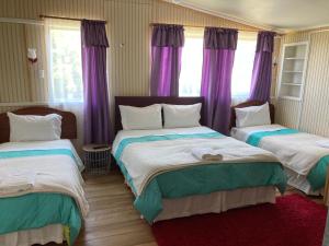1 dormitorio con 2 camas y cortinas moradas en Hostal Argentina Osorno en Osorno