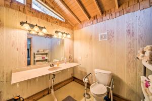 bagno con servizi igienici, lavandino e specchio di Rustic Iowa Cabin 10 Mi to Maquoketa Caves a Spragueville