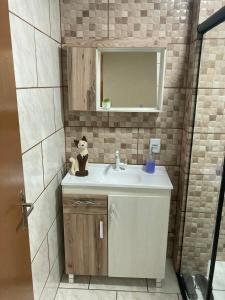 a bathroom with a sink and a mirror at Apartamento para casal in Cambara do Sul