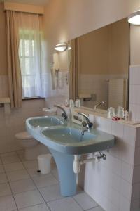 een badkamer met een wastafel, een toilet en een spiegel bij Tromcourt in Faubourg Saint-Germain