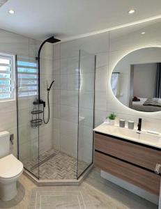e bagno con doccia, servizi igienici e lavandino. di Orient Bay, Appartement Héliconia. a Saint Martin
