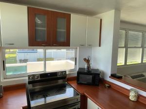 a kitchen with a stove and a microwave at Costa Mar Beach Front Apartment Whith Pool in Loiza