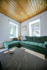 a living room with a green couch and a table at Legacy 1930s in Prodromos