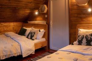 2 letti in una camera con pareti in legno di Biniște -Tiny House by the river a Dejani