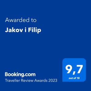 Certifikát, hodnocení, plakát nebo jiný dokument vystavený v ubytování Jakov i Filip