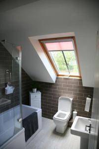 a bathroom with a toilet and a sink and a window at The Paddocks in Pilsdon